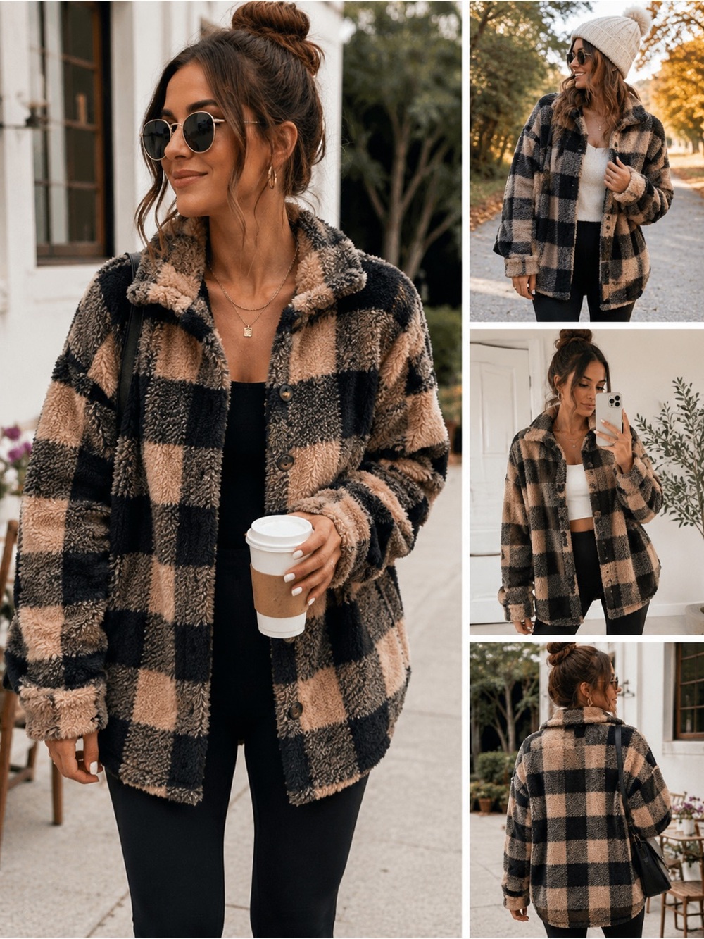 Cozy Buffalo Plaid Sherpa Jacket Black Gray & Tan Button Front